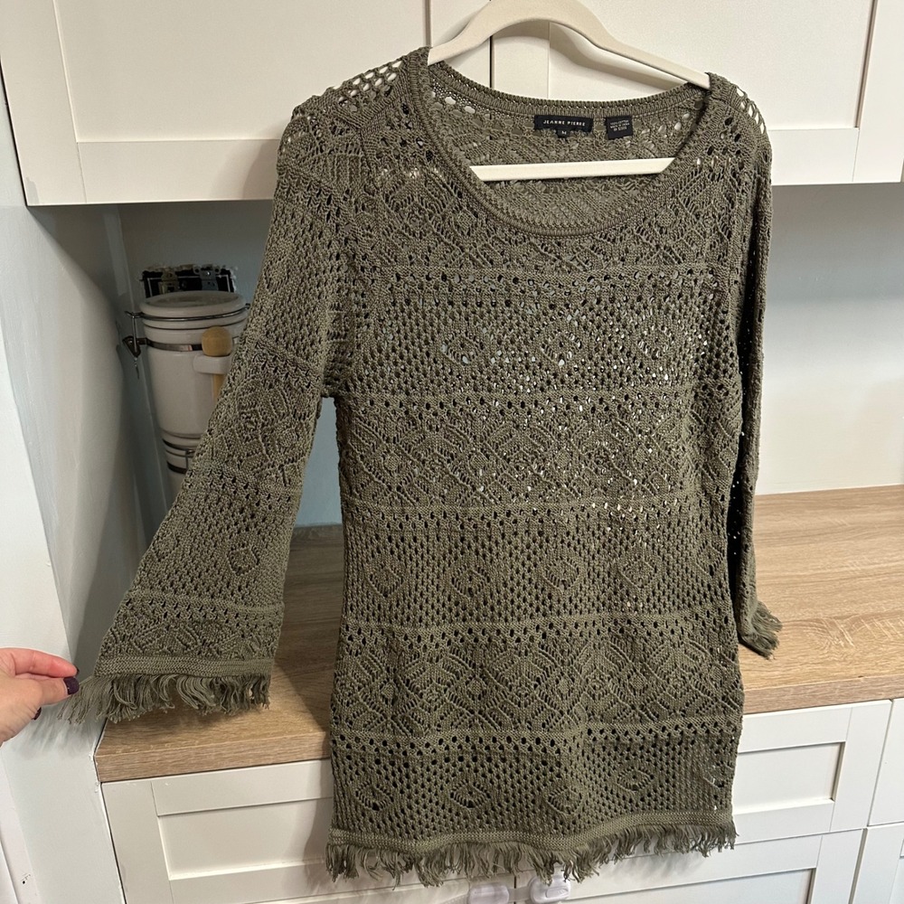 Jeanne Pierre Crochet Sweater Womens Medium Olive Green Fringe Pointelle Knit